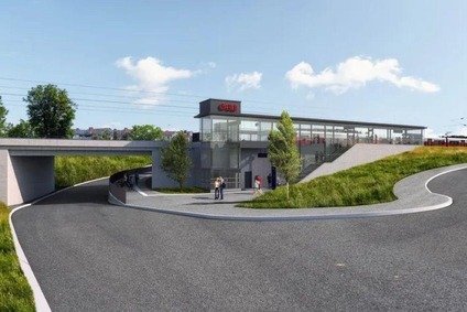 Bild Visualisierung Bahnhof Neudörfl<br/>Textinsert: Bahnhof mit Straße und Menschen im Vordergrund