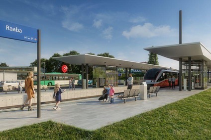 Image visualization of Raaba station<br/>Text insert: Station with platform and people in the foreground