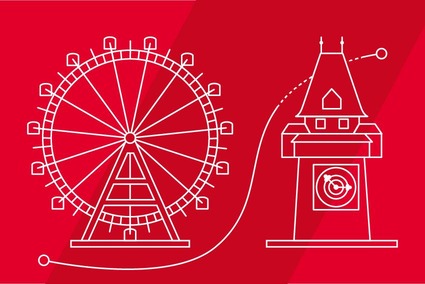 Sujet: Grafik, die mittels Piktogrammen die Verbindung zwischen Wien und Graz zeigt.