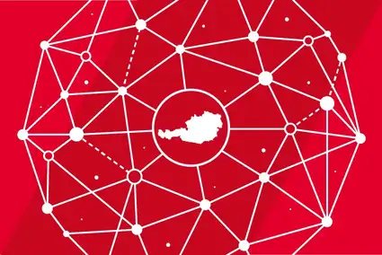 Sujet: Grafik, die mittels Piktogrammen die Verbindung zwischen Österreich und der Welt zeigt