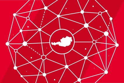 Grafik, die mittels Piktogrammendie Verbindung zwischen Österreich und der Welt zeigt