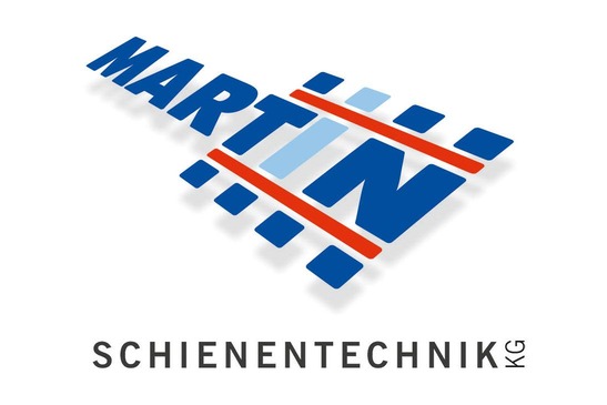 Logo Martin Schienentechnik KG<br/>Textinsert: weißer Hintergrund, blau-rotes Icon Martin, schwarz Schienentechnik KG