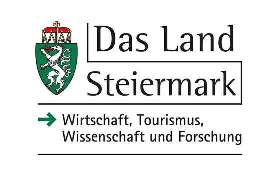 Logo The Province of Styria – Economy, Tourism, Science, and Research<br/>Text insert: white background, left coat of arms of Styria, black The Province of Styria, Economy, Tourism, Science, and Research