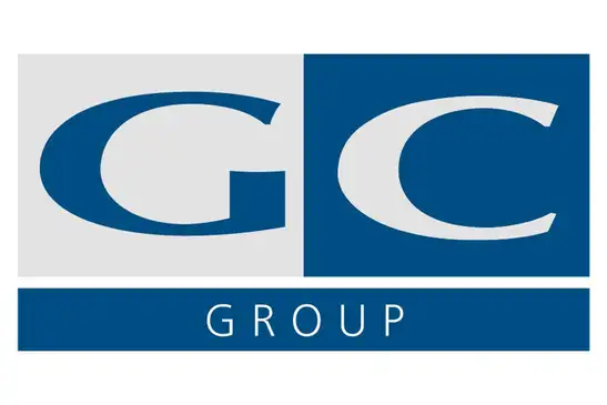 Logo GC Group<br/>Text insert: white background, gray box with blue G, blue box with gray C, blue bar with gray GROUP underneath