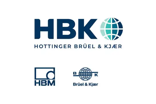 Logo HBK - Hottinger Brüel & Kjaer<br/>Text insert: white background, blue HBK, gray-turquoise-blue icon, blue Hottinger Brüel & Kjaer, with two blue icons below