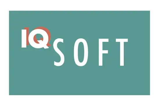 Logo IQ Soft<br/>Text insert: turquoise rectangle, red and white IQ, white SOFT