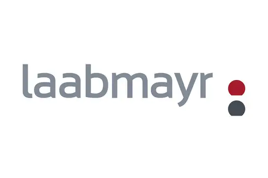 Laabmayr logo<br/>Text insert: white background, gray “laabmayr” in the center, red and gray icon on the right