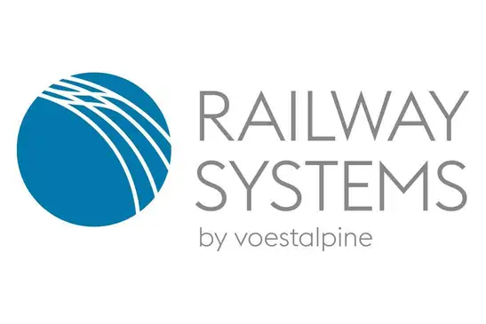 Logo Railway systems by voestalpine<br/>Text insert: white background, Turkish-white icon on the left, gray railway systems by voestalpine on the right