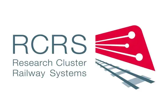 Logo RCRS - Research Cluster Railway Systems<br/>Text insert: white background, gray RCRS centered on the left, gray Research Cluster Railway Systems below, red-white-gray icon on the right