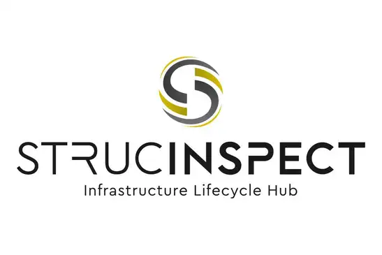 Logo Strucinspect - Infrastructure Lifecycle Hub<br/>Text insert: gold-gray icon at top center, STRUCINSPECT in black below, Infrastructure Lifecycle Hub in black below that