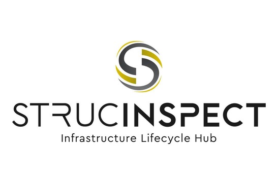 Logo Strucinspect - Infrastructure Lifecycle Hub<br/>Textinsert: oben mittig gold-graues Icon, darunter schwarz STRUCINSPECT, darunter schwarz Infrastructure Lifecycle Hub