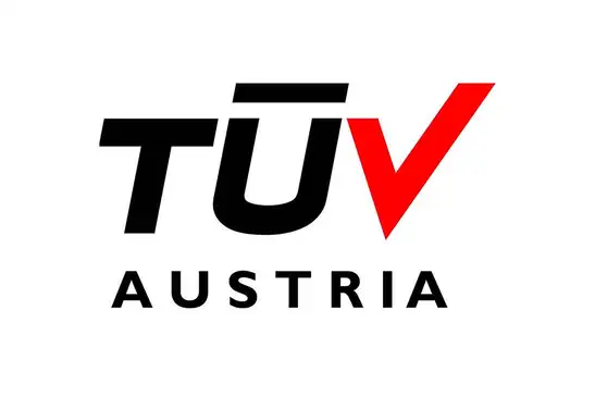 Logo TÜV Austria<br/>Text insert: white background, black and red TÜV in the center, black AUSTRIA below