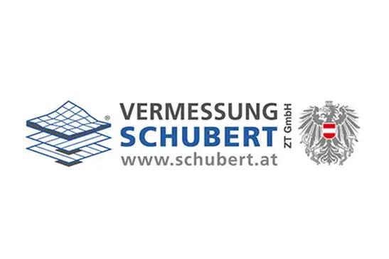 Logo Vermessung Schubert - www.schubert.at<br/>Text insert: white background, blue icon on the left, black VERMESSUNG, blue Schubert, gray www.schubert.at, Austrian coat of arms on the right