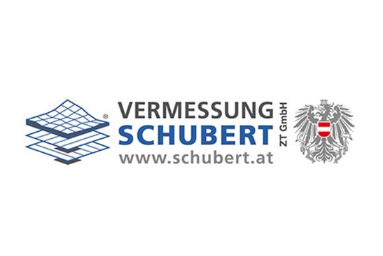 Logo Vermessung Schubert - www.schubert.at<br/>Textinsert: weißer Hintergrund, links blaues Icon, schwarz VERMESSUNG, blau Schubert, grau  www.schubert.at, rechts Österreichwappen