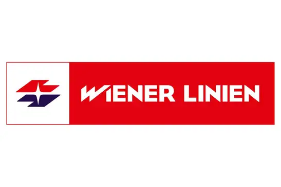 Wiener Linien logo<br/>Text insert: white background, red bar, red and black icon, white WIENER LINIEN