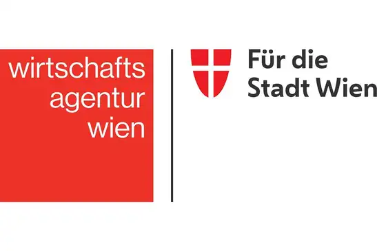 Logo Vienna Business Agency, For the City of Vienna<br/>Text insert: white background, red square with white lettering “wirtschafts agentur wien,” black vertical line, Vienna coat of arms, and in black “For the City of Vienna”