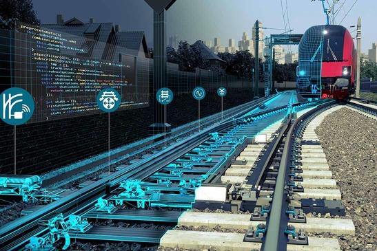 Sujet Digitalisierung Zug<br/>Textinsert: Schienen und Lok, teilweise blau eingefärbt