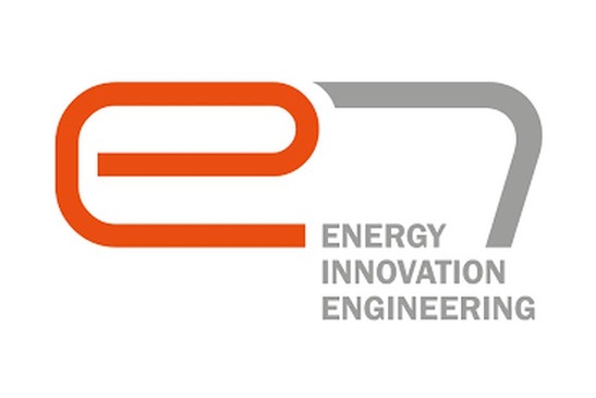 Logo e7 Energy Innovation Engineering<br/>Textinsert: weißer Hintergrund, rot e, grau Energy Innovation Engineering