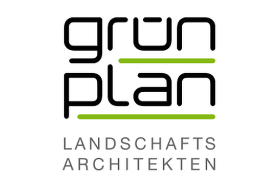 Logo Grünplan Landschaftsarchitekten<br/>Textinsert: weißer Hintergrund, grau grün plan mit grünen Querstrichen dazwischen, darunter grau LANDSCHAFTSARCHITEKTEN