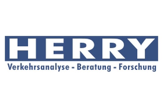 Logo Herry, Verkehrsanalyse-Beratung-Forschung<br/>Textinsert: weißer Hintergrund, grauer Querbalken mit in weiß HERRY, darunter grau Verkehrsanalyse-Beratung-Forschung