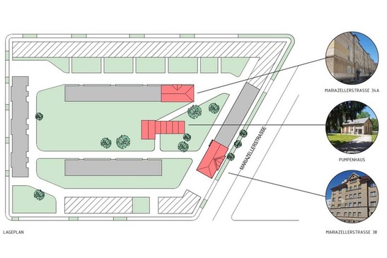 Textinsert: Lageplan Projektgebiet Mariazellerstrasse: Mariazellerstrasse 34a, Pumpenhaus, Mariazellerstrasse 38