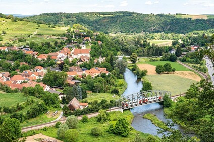 View of the Kamptal valley with train on bridge