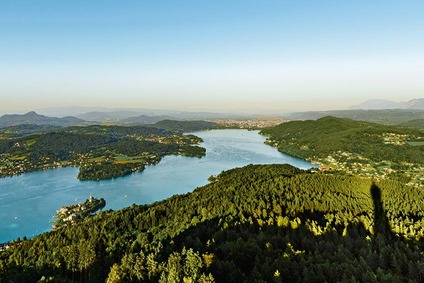 View across Lake Wörthersee, from Pyramidenkogel to Klagenfurt