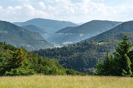 View of the Kamptal valley with train on bridgeView of the Traisental valley