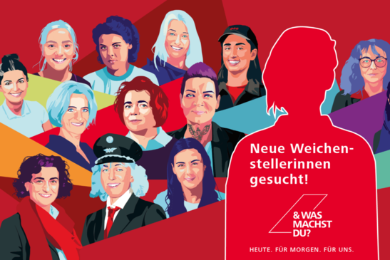 Sujet Weichenstellerinnnen gesucht<br/>Textinsert: bunte Grafik mit Frauen und rechts weiße Schrift