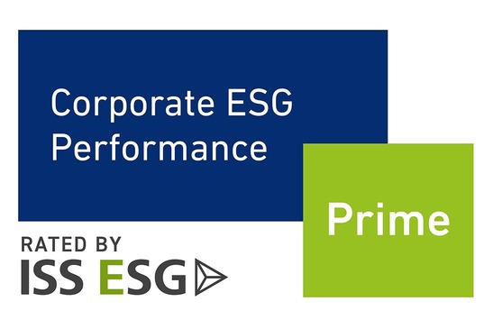 Prime label Corporate ESG Performance Prime, Rated by ESG<br/>Text insert: white background, blue rectangle with white  Corporate ESG Performance, green square with white Prime, ISS ESG logo