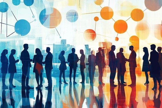 Menschen im Gespräch bei Networking-Event, mit grafischer Darstellung eines Netzwerkes aus Strichen und Punkten im oberen Drittel des Bildes