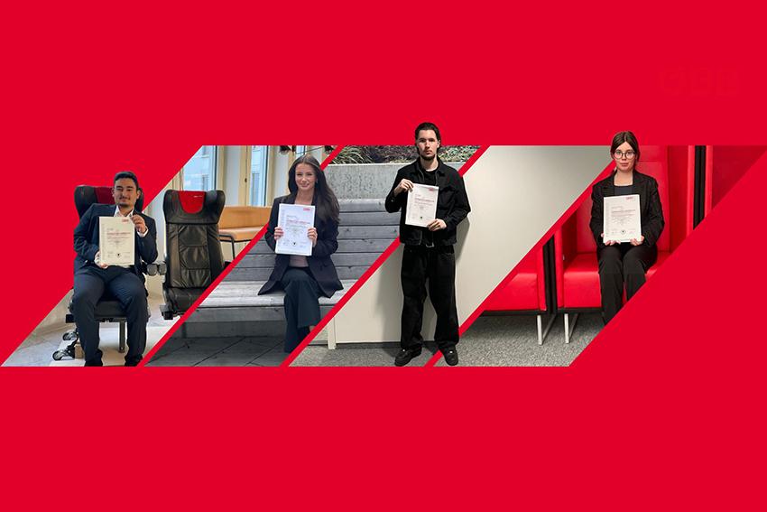 Lehrlinge zeigen ihre Zeugnisse in die Kamera