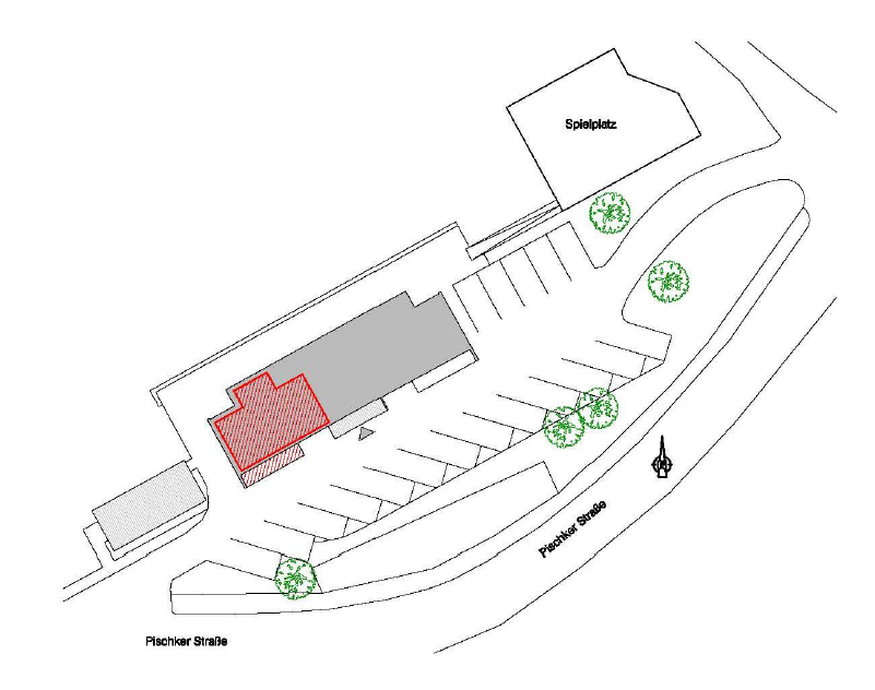 Lageplan der Wohnung im Wohnhaus mit Ausrichtung der Loggia zur Pischkerstraße Richtung Südost.