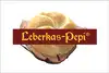 Leberkas Pepi Logo, weißer Hintergrund mit Leberkässemmel, darauf rotbrauner Balken mit gelbem Schriftzug