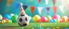 Fußball auf Fußballfeld mit Partyhut. Bunte Luftballons und bunte Wimpelkette im Hintergrund. 