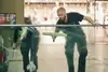 Cleaning glas at the railway station