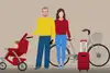 Gezeichnete Personen mit Fahrrad, Koffer und Kinderwagen