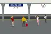 Das Bild zeigt einen Bahnsteig mit Bahnsteigdach und Menschen, die das Service WLAN am Bahnhof nutzen. 