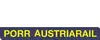 Logo Porr Austriarail<br/>Textinsert: schwarzer Balken mit gelber Schrift PORR AUSTRIARAIL