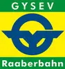 Logo Gysev Raaberbahn<br/>Textinsert: oben grüner Balken mit weißer Schrift GYSEV, gelber Balken mit Icon in grau, grüner Balken mit weißer Schrift Raaberbahn