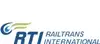Logo RTI Railtrans International<br/>Textinsert: weißer Hintergrund, links grau-blau-grünes Icon, grau RTI Railtrans International