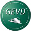 Logo GEVD<br/>Textinsert: grüner Button mit silbernem Kreis, silber GEVD, drunter silber Zug