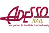 Logo Adesso Rail - Textinsert: weißer Hintergrund, rot Adesso, darunter gold rail, darunter rot your partner for handshake, trust and quality 