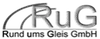 Logo RuG Rund ums Gleis GmbH<br/>Textinsert: grauer Hintergrund, grau RUG, darunter schwarz Rund ums Gleis GmbH