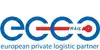 Logo Ecco rail European private logistic partner<br/>Textinsert: weißer Hintergrund, blau und roter Schriftzug ecco european privat logistic partner