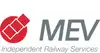 Logo Mev Independent Railway Services<br/>Textinsert: weißer Hintergrund, links rotes Icon, rechts grau MEV, darunter grau Independent Railway Services