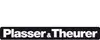 Logo Plasser und Theurer<br/>Textinsert: schwarz abgerundeter Balken und weiß Plasser & Theurer