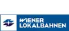 Logo Wiener Lokalbahnen<br/>Textinsert: links Quadrat blau umrandet mit blau-schwarzes Icon, rechts blauer Balken mit weißem Schriftzug Wiener Lokalbahnen