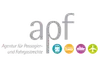 Logo AGORA<br/>Logo apf Agency for Passenger Rights<br/>Text insert: gray apf lettering, gray Agency for Passenger Rights, 4 icons: a blue circle with a white train, an orange circle with a white bus, a purple circle with a white ship, and a green circle with a white airplane