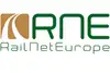 Logo RNE RailNetEurope<br/>Text insert: Left brown icon rail, green RNE RailNetEurope
